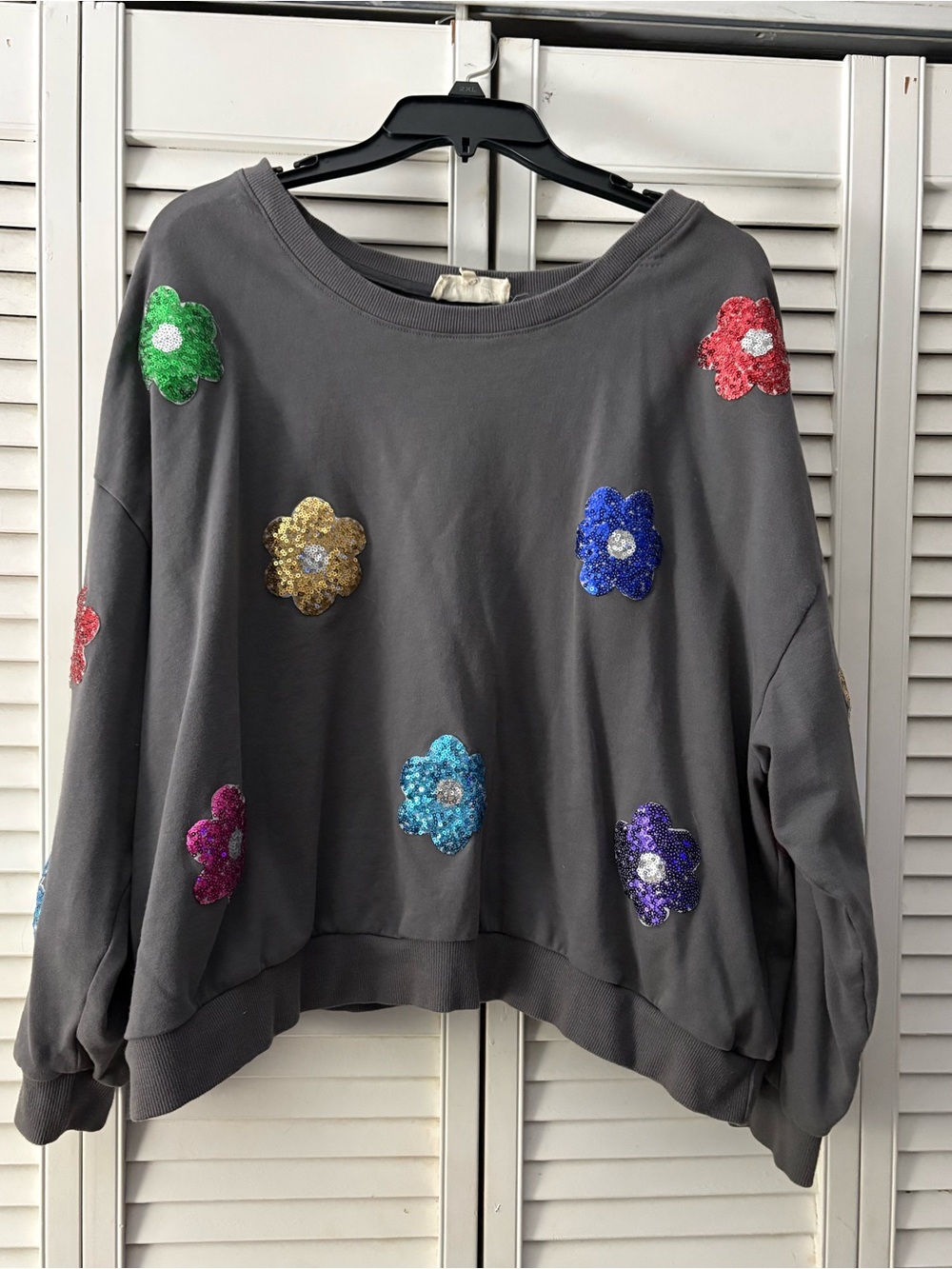 Peach Love California Gray Sweatshirt with Sequin Flower Appliqués